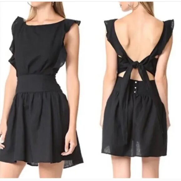 Free People Erin Linen Mini Dress Black Large Ruffle Back Bow Boho Cottagecore - Picture 2 of 16